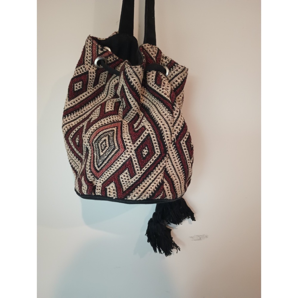 Forever 21 Woven Jacquard Drawstring Bucket Backpack Geometric Tribal Boho Small